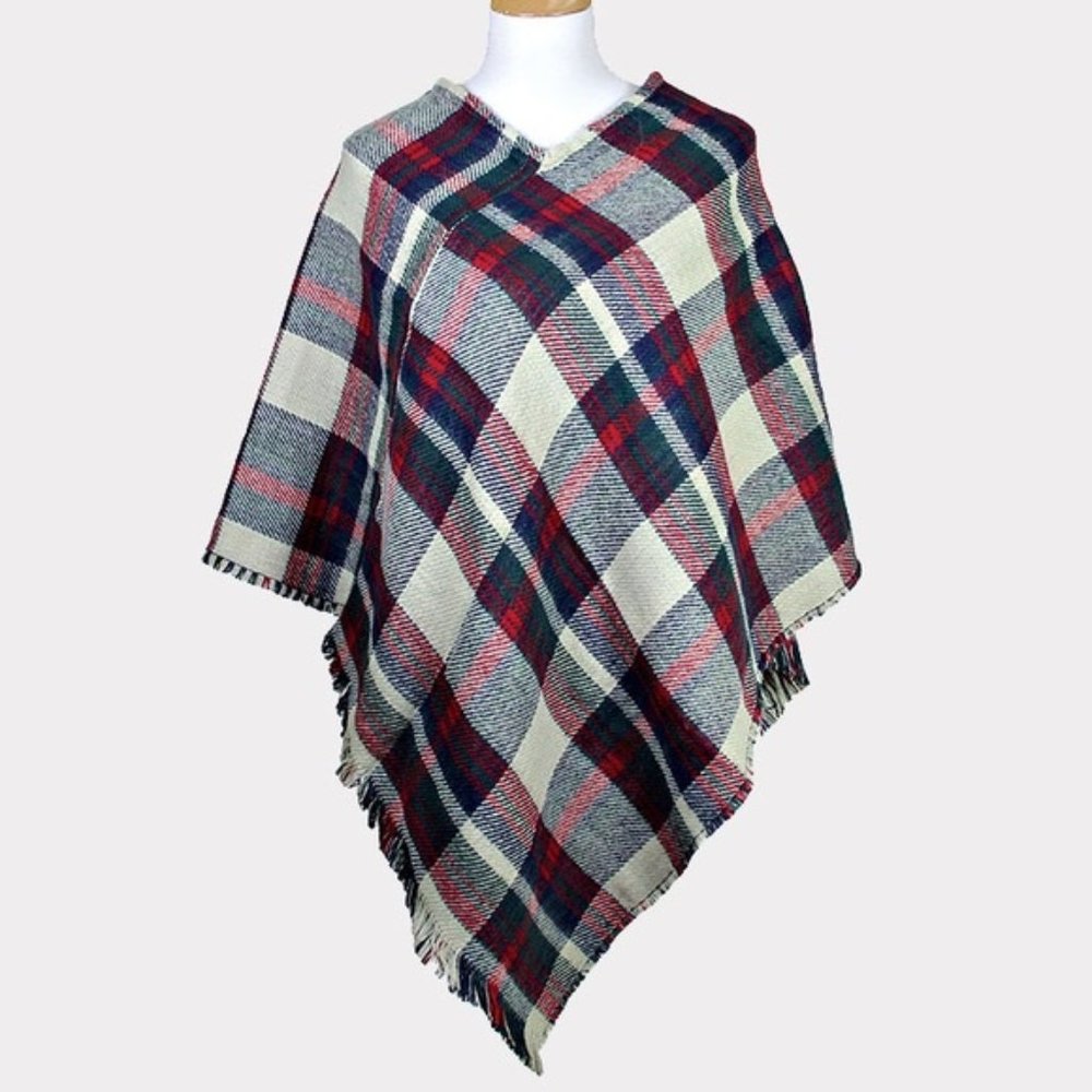 Ivory Navy Blue Plaid Poncho